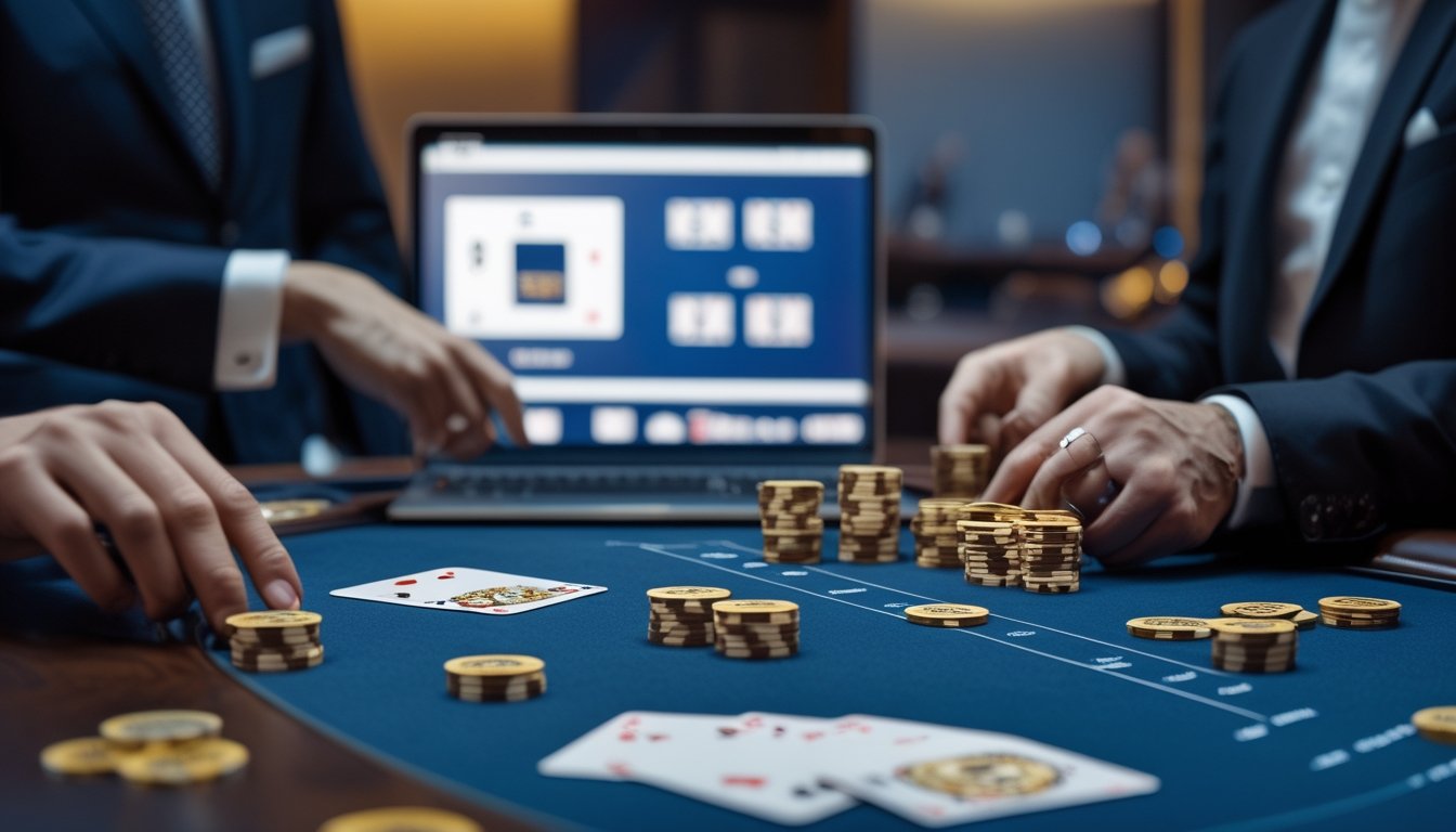 Meja baccarat elegan dengan kartu, chip kasino, laptop, dan ponsel dalam suasana kasino modern.
