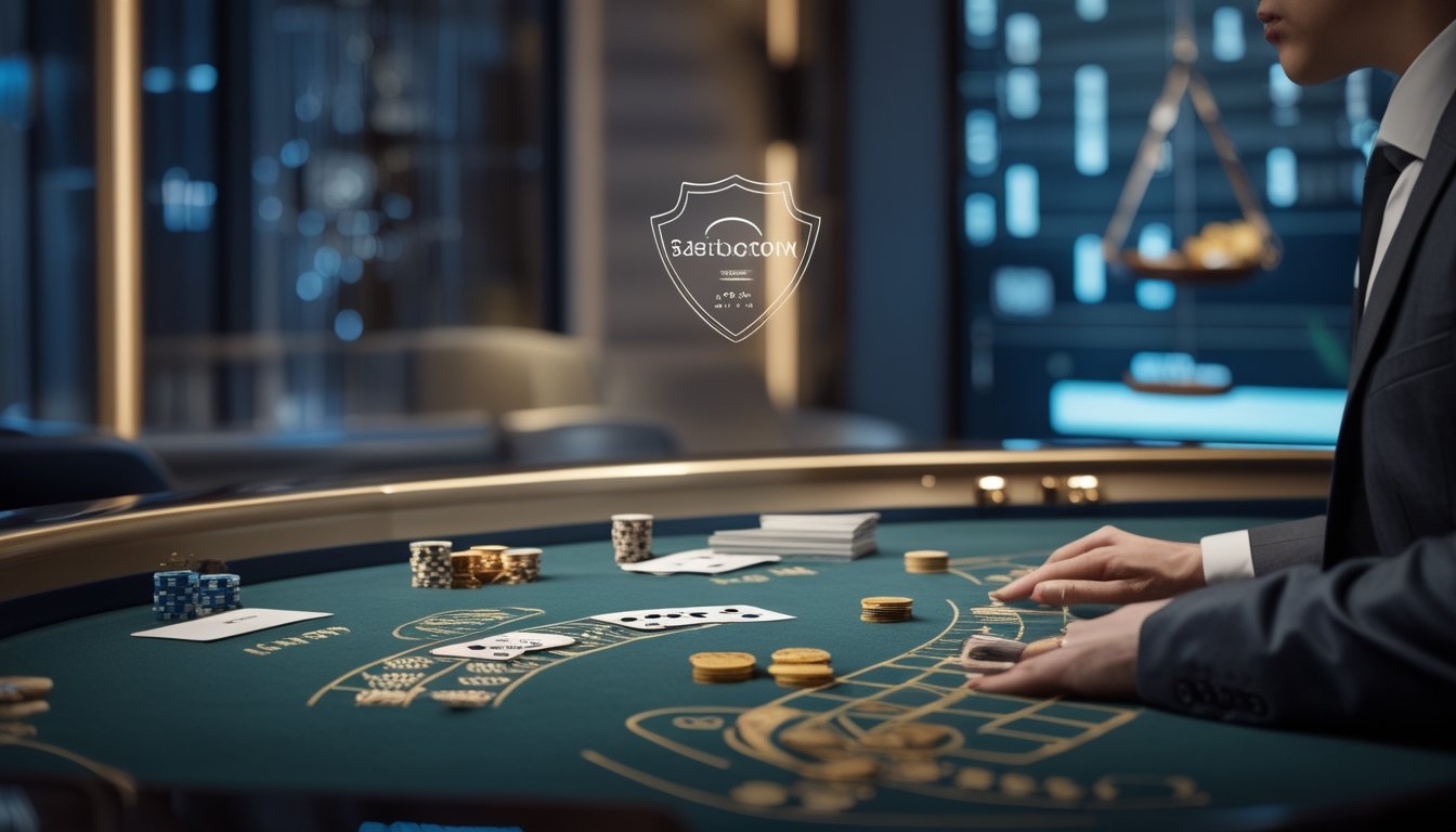 Meja baccarat elegan dengan dealer profesional dan simbol keamanan digital di lingkungan kasino modern.