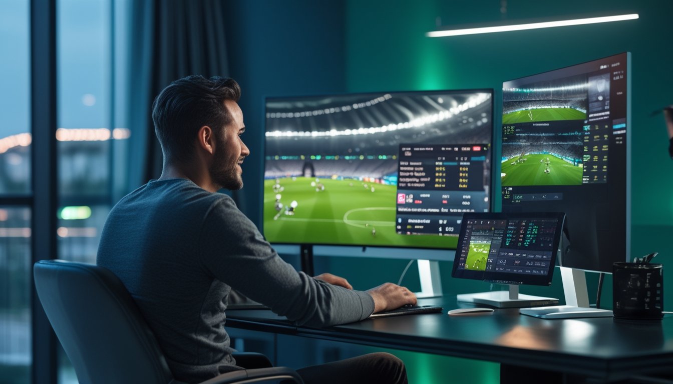 Seorang penggemar sepak bola mengikuti pertandingan langsung sambil melihat statistik di perangkat digital.