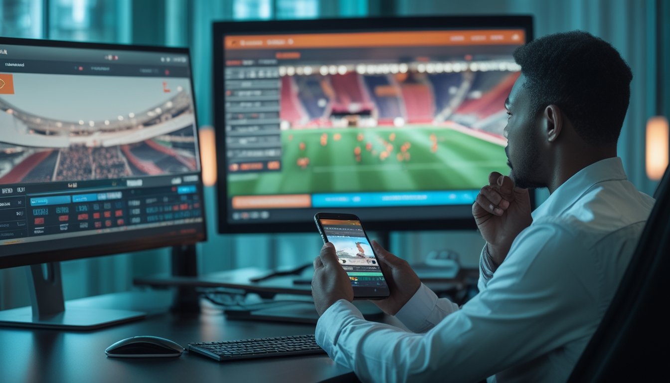 Orang dewasa menonton pertandingan sepak bola melalui layar sambil memantau informasi langsung di ponsel.
