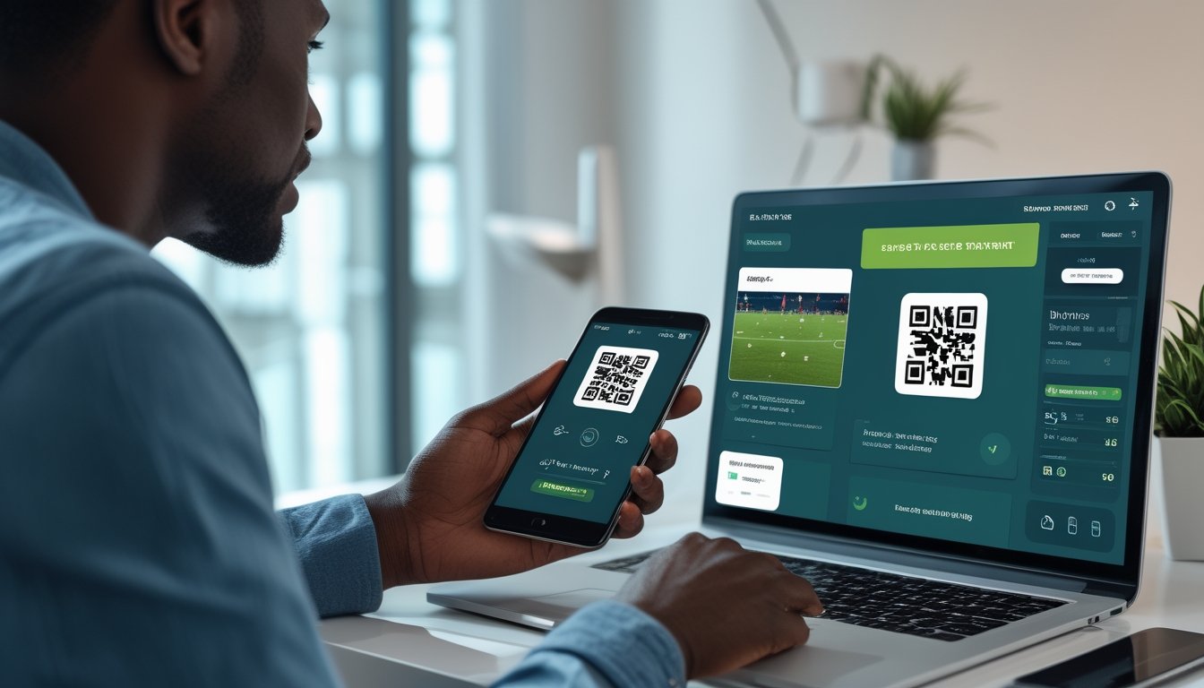 Seseorang menggunakan ponsel untuk memindai kode QR pada laptop dalam suasana pembayaran digital bertema sepak bola.