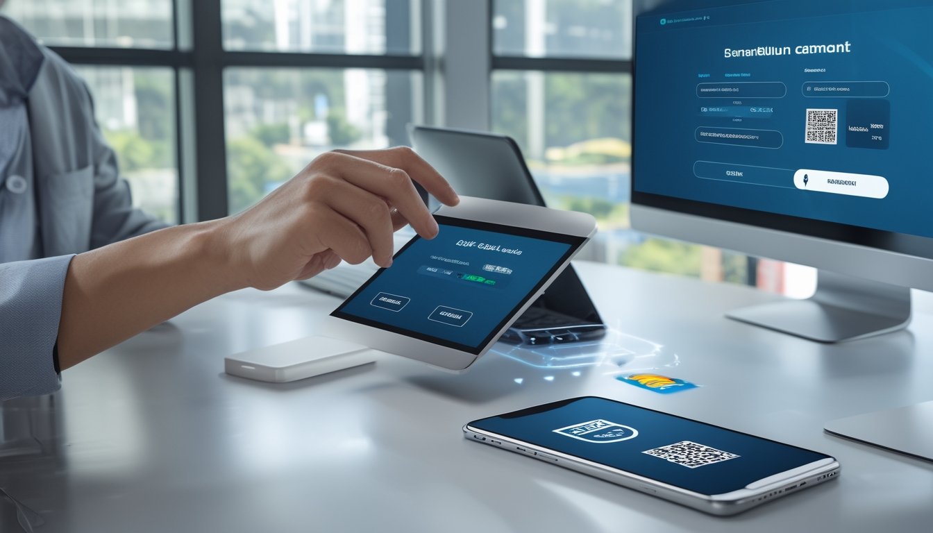 Seseorang menggunakan ponsel untuk melakukan pembayaran digital dengan dompet elektronik dan kode QR.