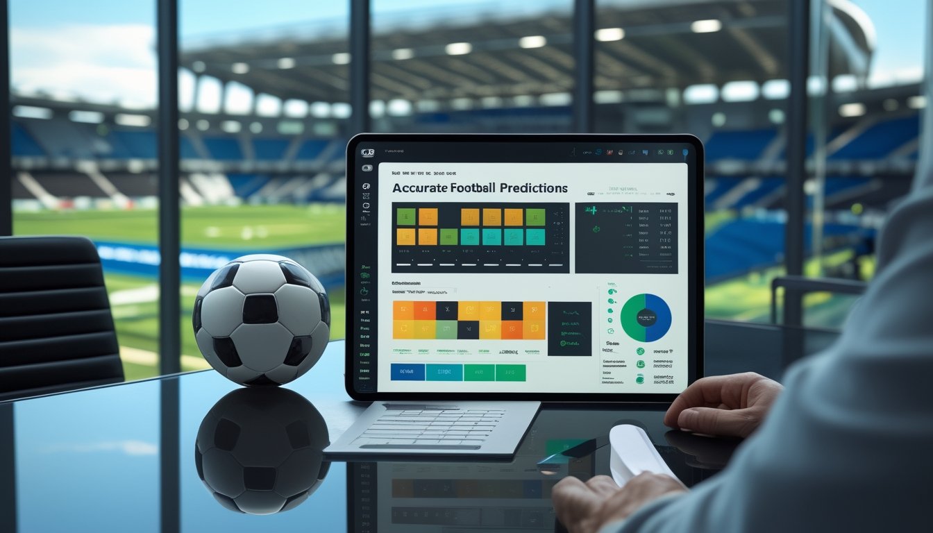 Seorang analis olahraga meninjau jadwal dan data pertandingan sepak bola di ruang kerja modern dengan stadion terlihat di latar belakang.