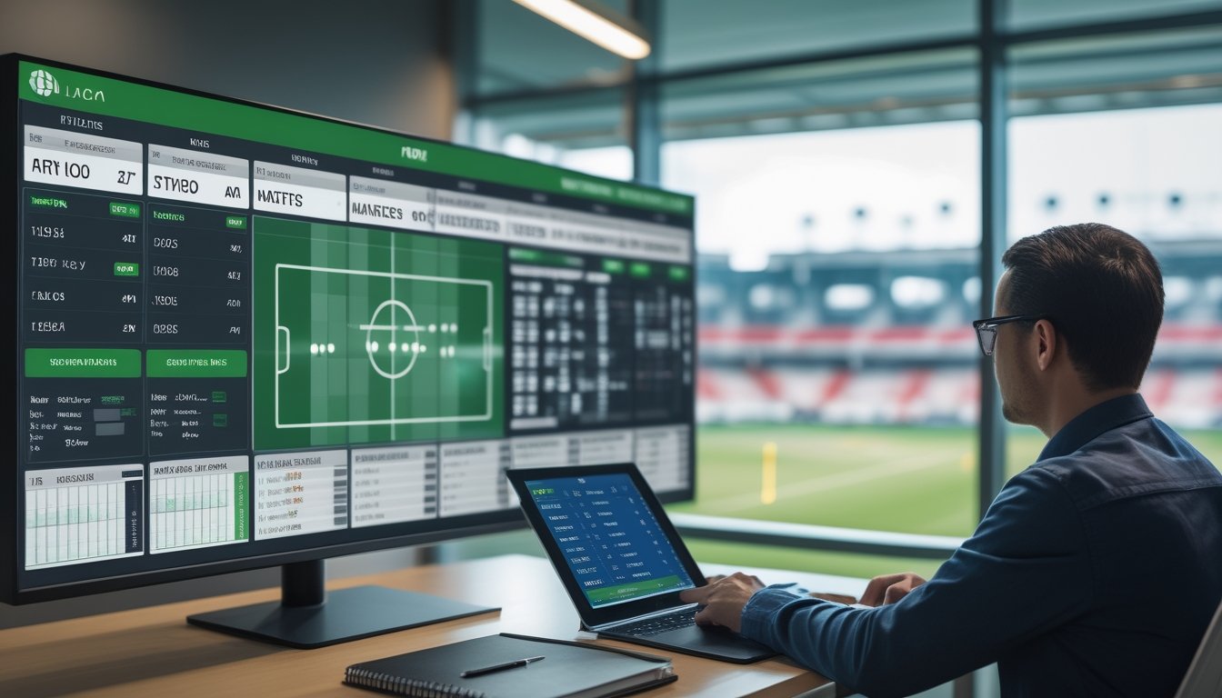 Analis sepak bola memeriksa jadwal dan data pasar olahraga di meja kerja modern.