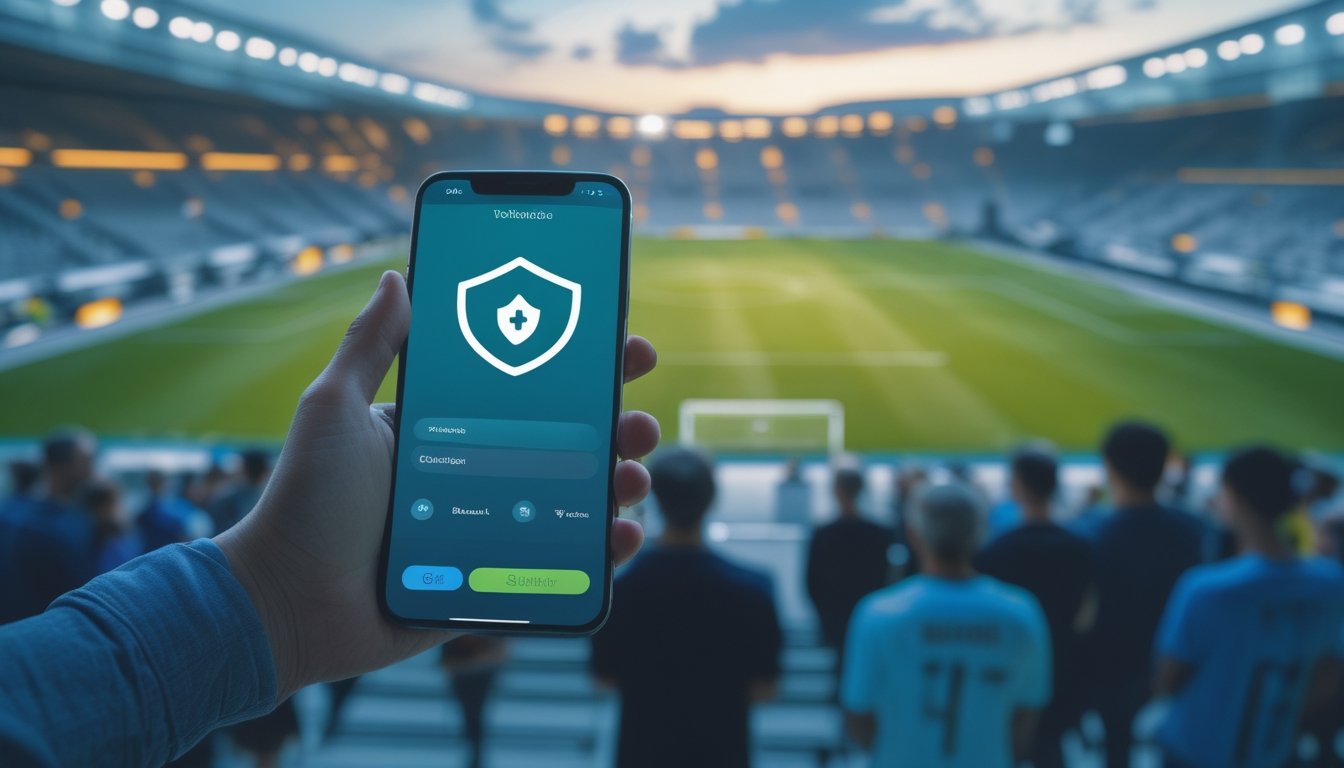 Penggemar sepak bola dewasa melihat antarmuka digital aman di stadion yang terang.