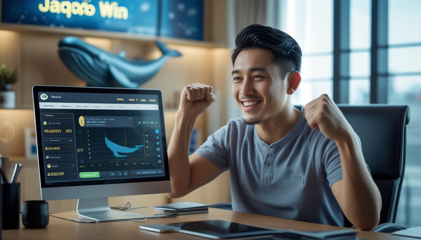 Seorang pria dewasa merayakan kemenangan besar sambil melihat laptop di ruang kerja modern.