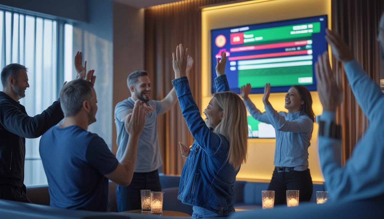 Sekelompok penggemar sepak bola dewasa merayakan kemenangan jackpot sambil melihat ponsel di ruang modern.