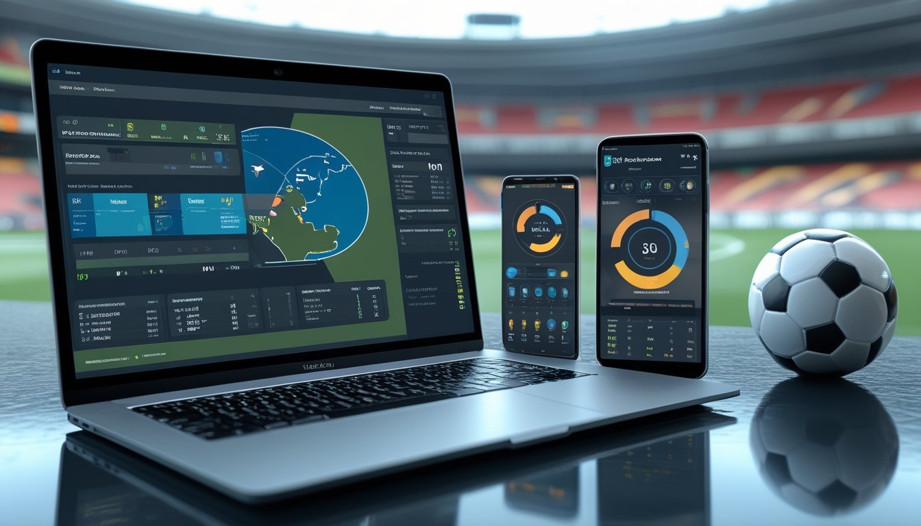 Meja kerja modern dengan laptop, ponsel, grafik statistik olahraga, dan bola sepak di depan latar stadion yang buram.