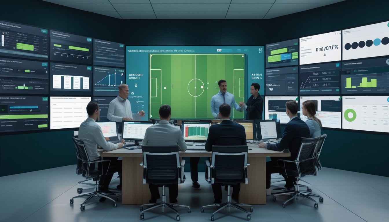 Analis olahraga membandingkan data pertandingan sepak bola pada beberapa layar di ruang kerja modern.