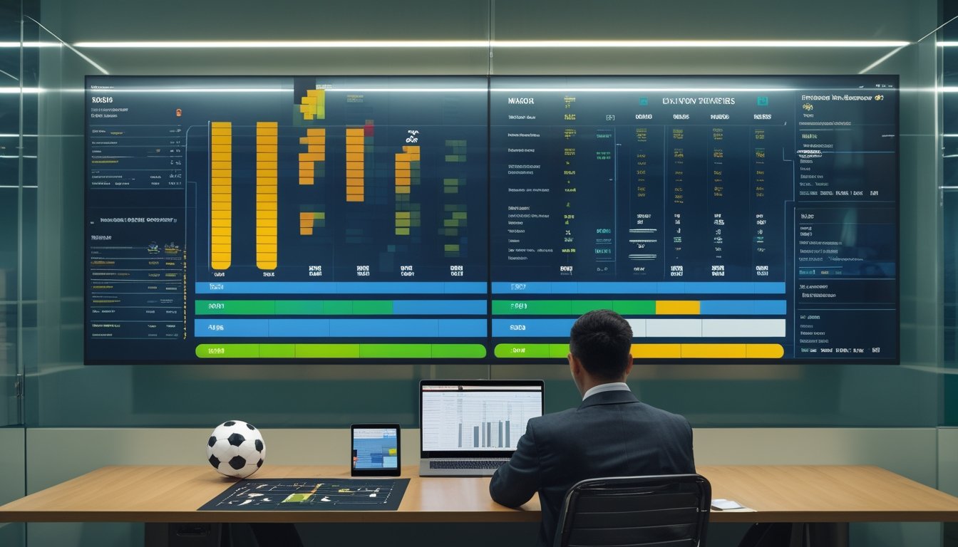 Analis sepak bola mempelajari tampilan peringkat tim dan data pertandingan di ruang kerja modern.
