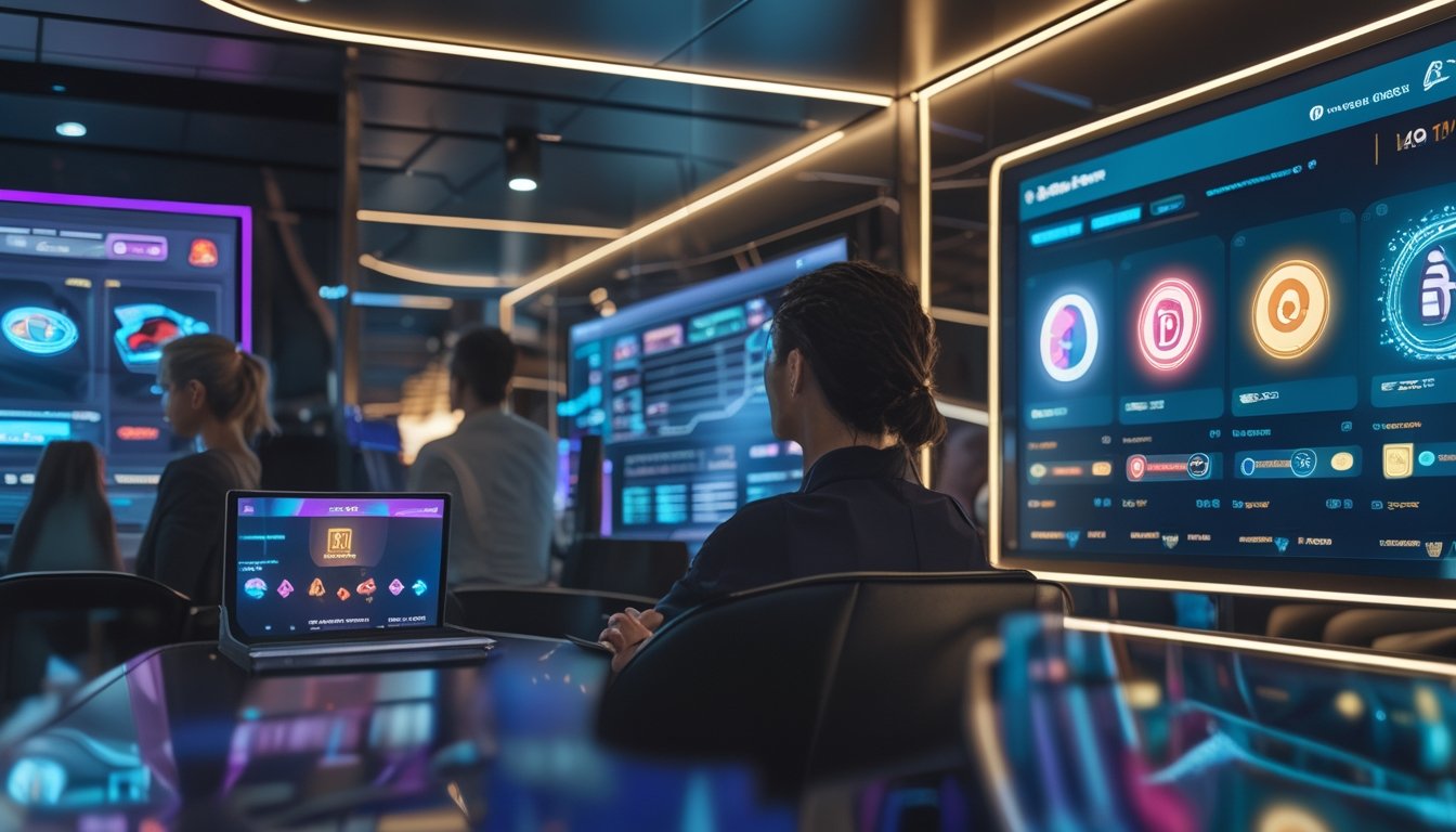 Sekelompok orang dewasa melihat tampilan permainan digital di ruang modern.