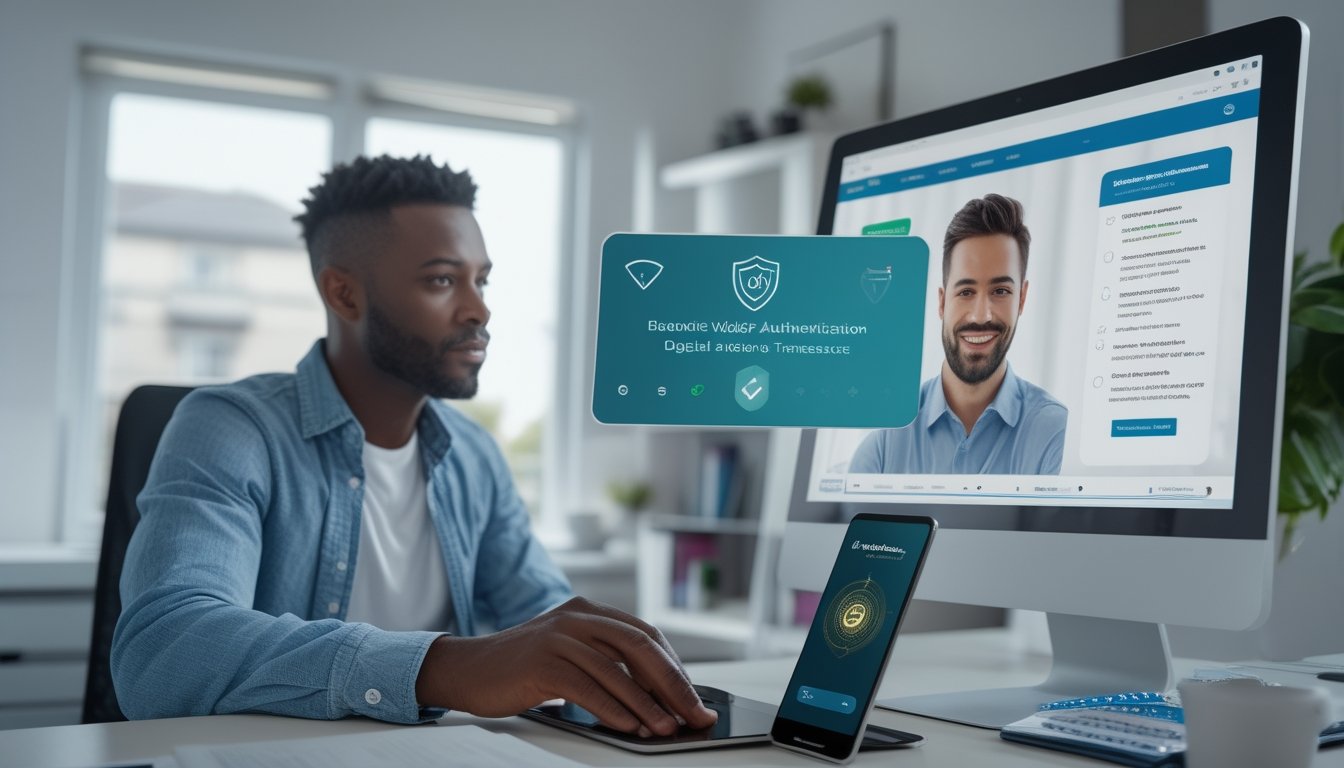 Pengguna mengelola transaksi digital yang aman dengan laptop dan ponsel, disertai simbol verifikasi dan dukungan pelanggan.