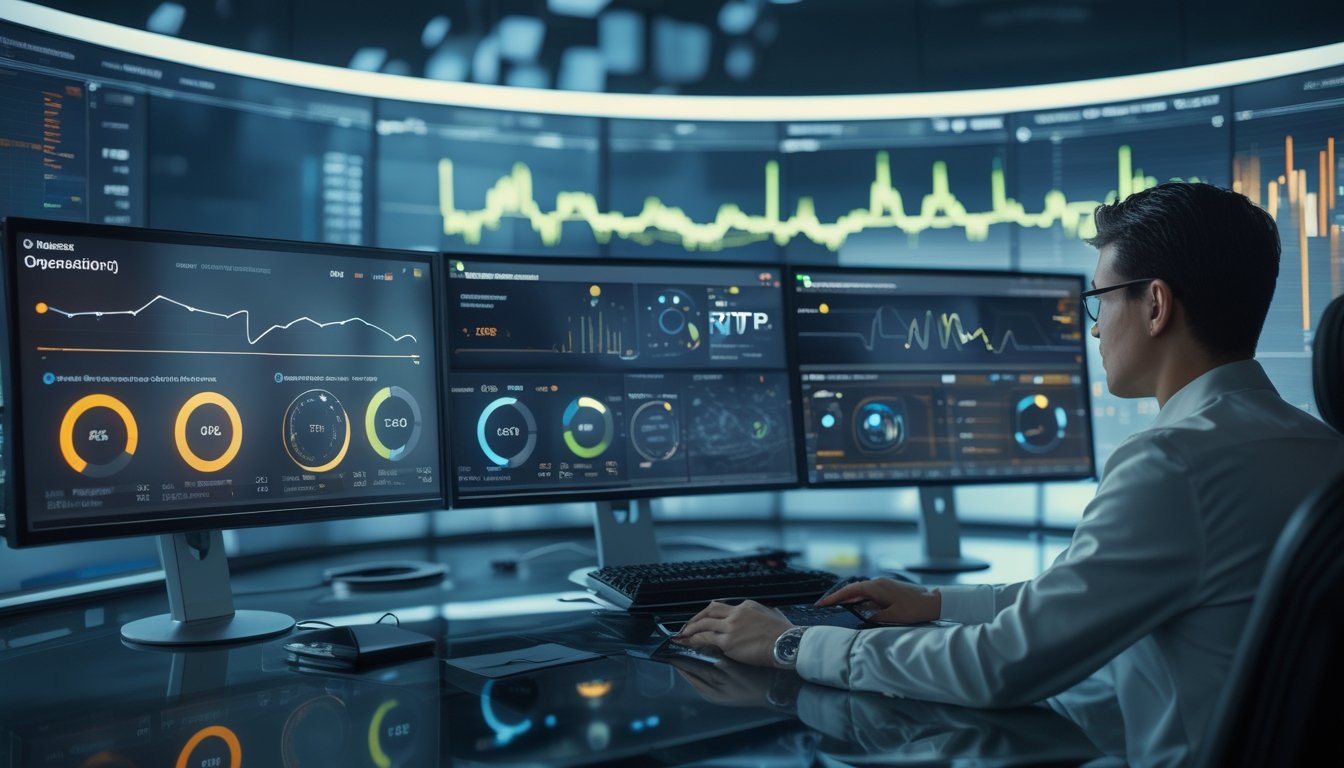 Analis data meninjau grafik dan indikator kinerja waktu nyata di beberapa monitor dalam pusat operasi digital modern.
