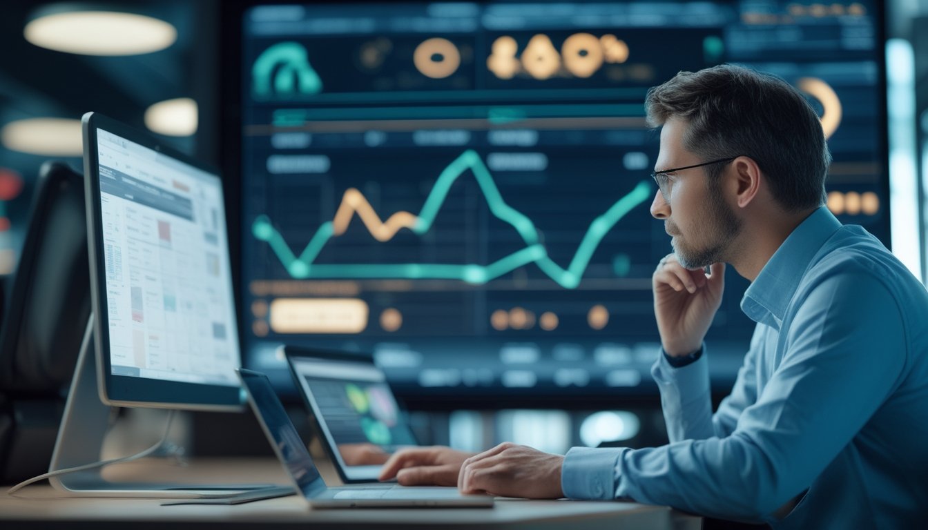 Analis sedang memeriksa grafik data real-time pada monitor di ruang kerja modern.