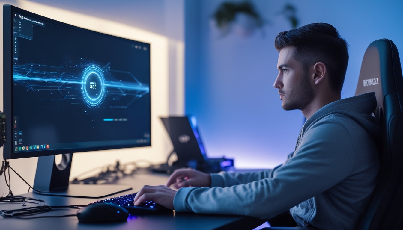 Seorang pemain dewasa bermain game online di meja komputer dengan koneksi internet yang tampak stabil.