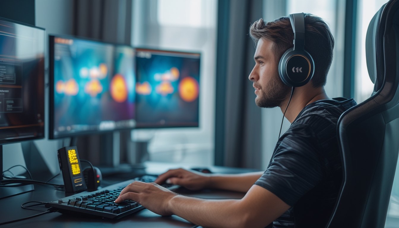 Seorang pemain duduk di depan komputer dengan router Wi-Fi dan perlengkapan gaming di meja.