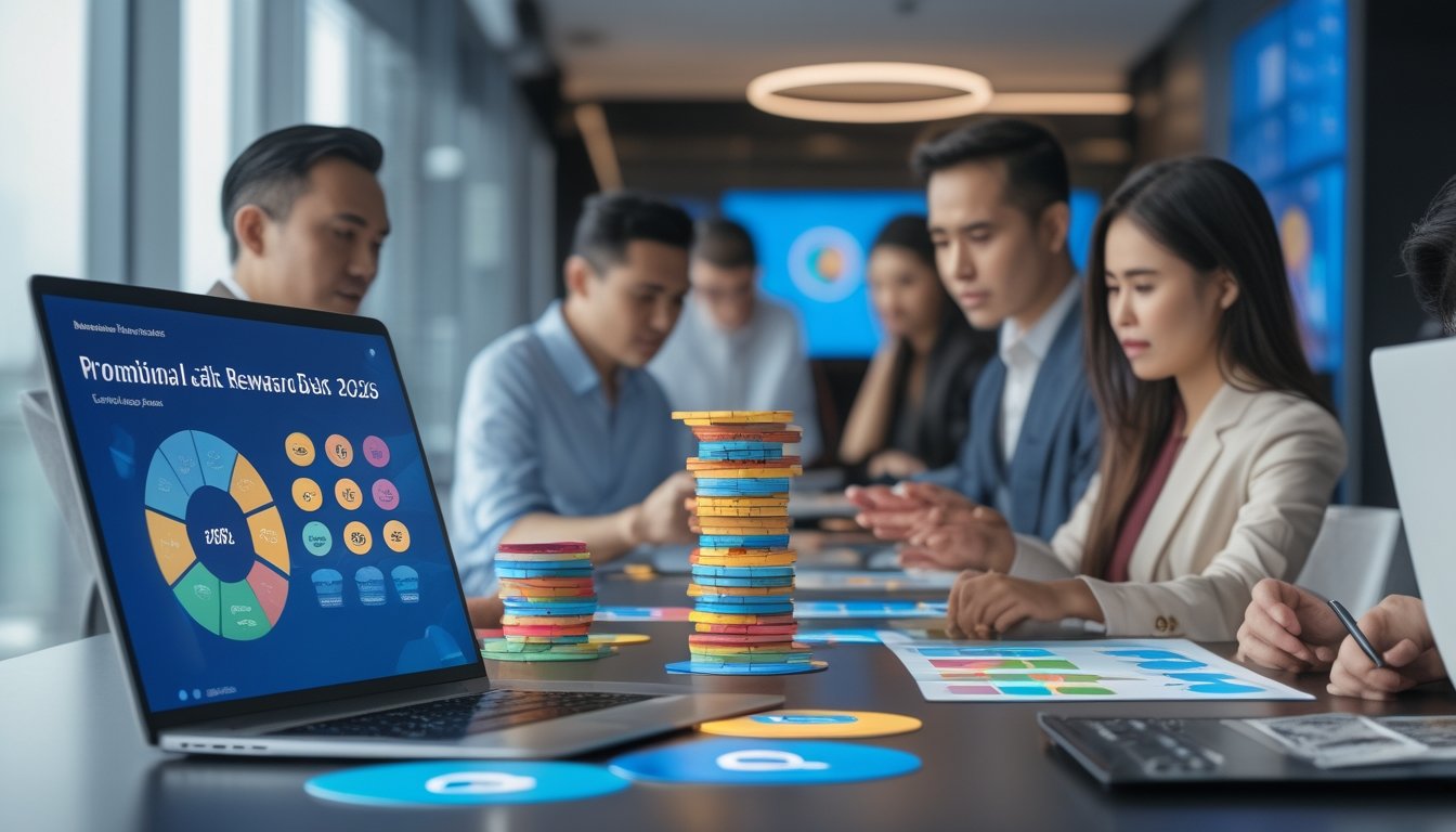 Beberapa profesional membandingkan kartu penghargaan dan grafik abstrak di meja kantor.