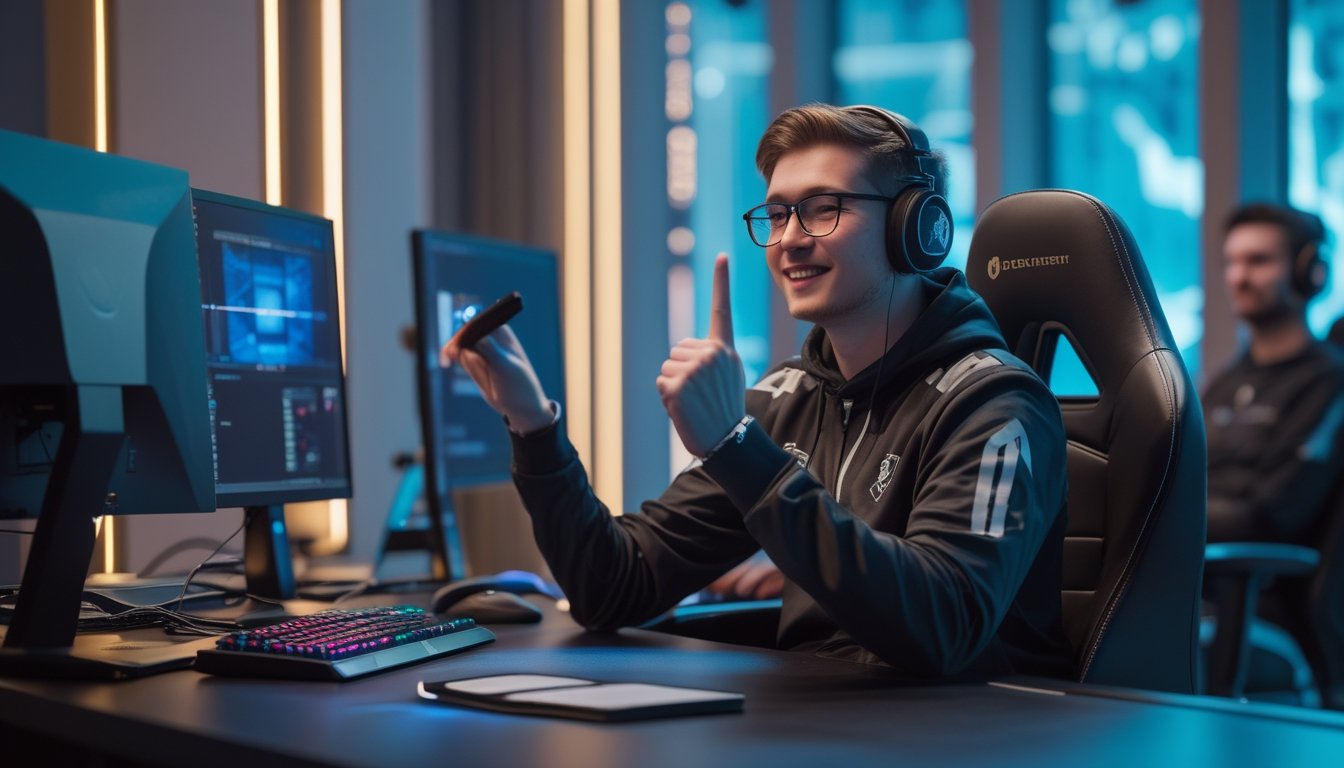 Pemain esports profesional merayakan keberhasilan di depan komputer dalam ruang permainan modern.