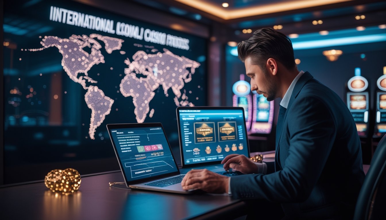 Orang dewasa meneliti platform kasino digital internasional menggunakan laptop di ruang kerja modern dengan peta dunia bercahaya di latar belakang.