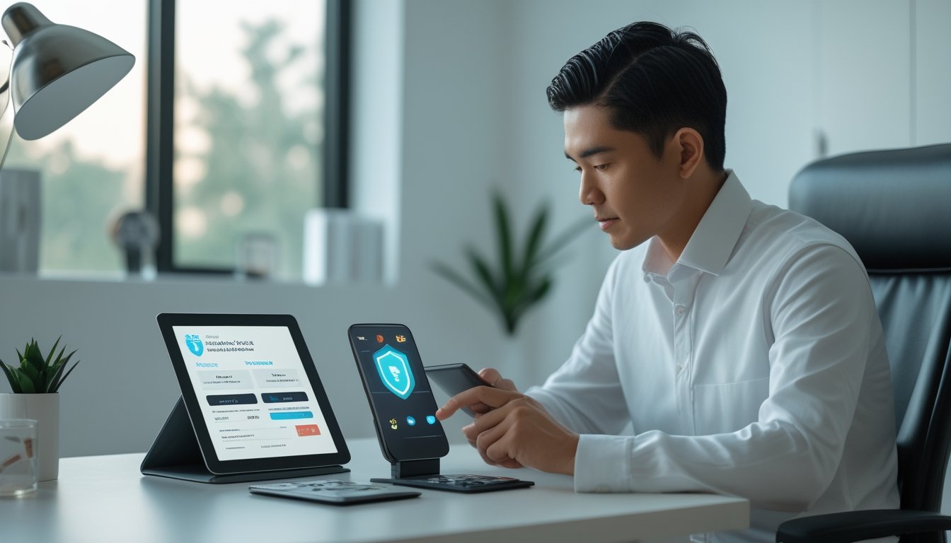 Orang dewasa mempelajari permainan digital dengan tablet dan perangkat keamanan di meja kerja modern.