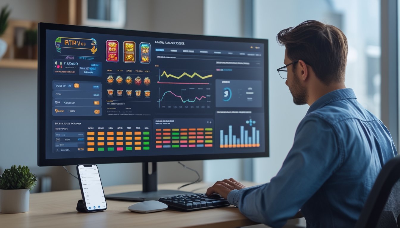 Seseorang memeriksa dasbor analitik permainan slot di komputer dan ponsel.