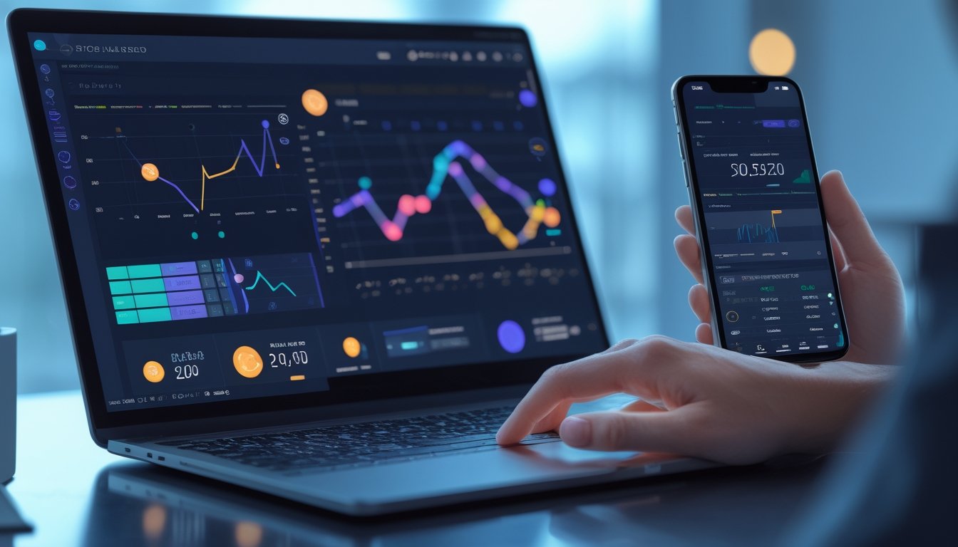 Seseorang memeriksa data RTP live permainan slot melalui laptop dan ponsel di meja kerja.