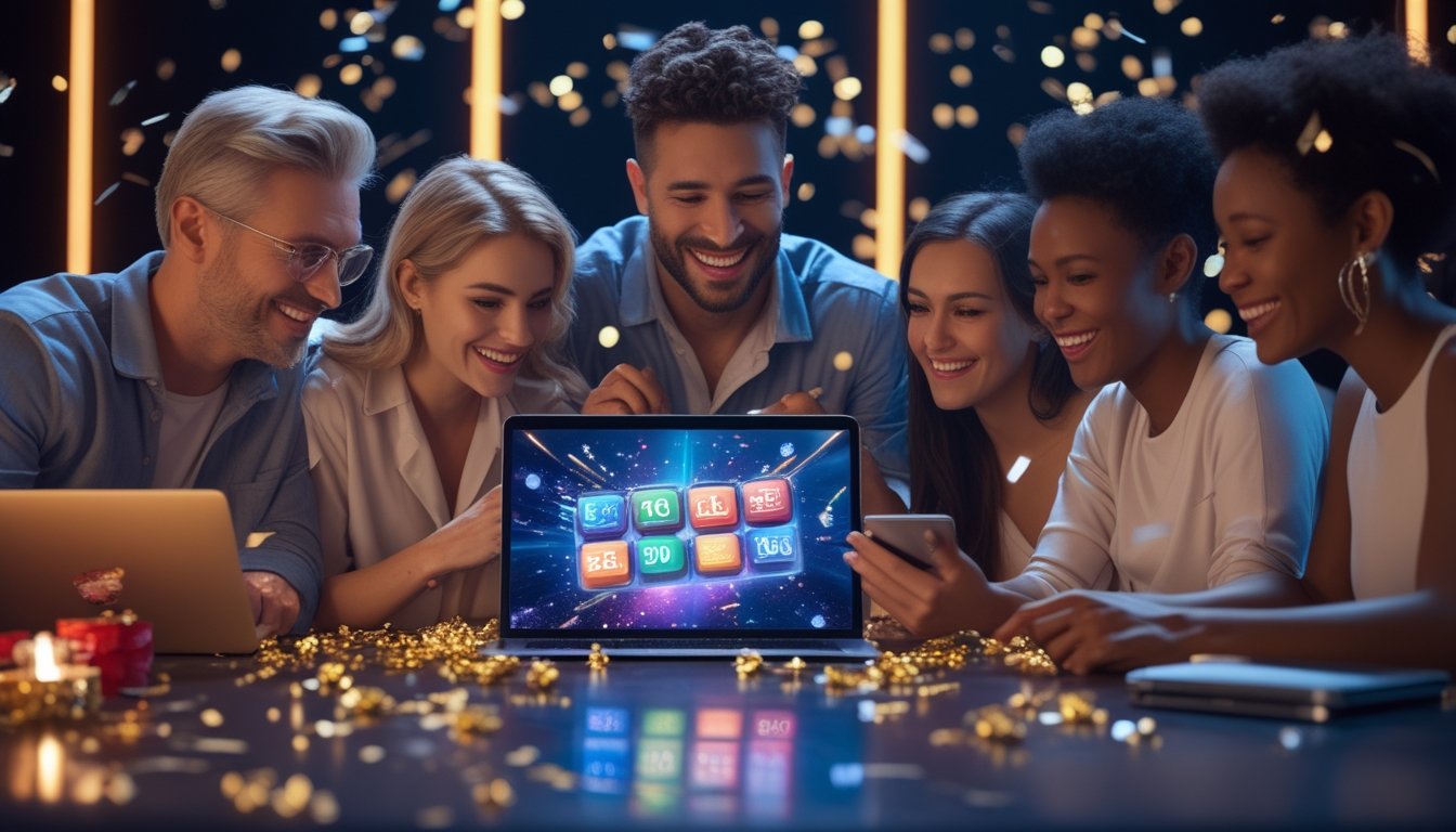 Sekelompok orang dewasa merayakan promosi hiburan digital dengan smartphone dan laptop di suasana elegan penuh konfeti.