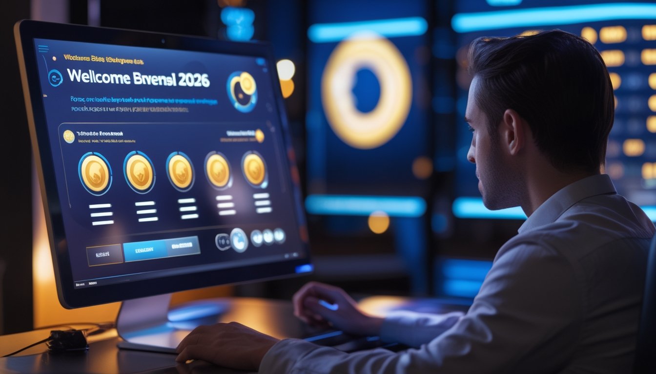 Seorang pemain dewasa mempelajari tampilan bonus digital dengan ikon hadiah dan grafik kemajuan di ruang permainan modern.