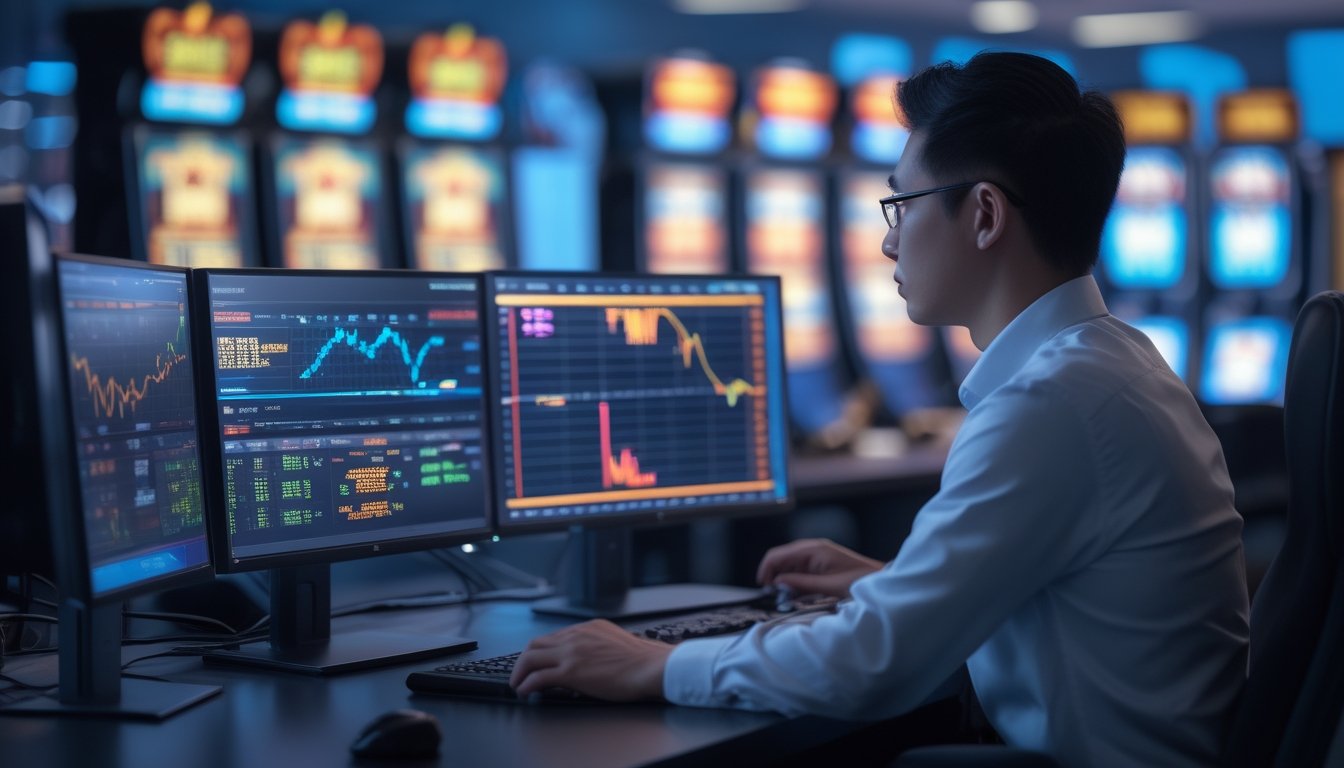 Seorang analis memeriksa grafik volatilitas dan indikator risiko di ruang kerja modern dengan cahaya warna-warni.