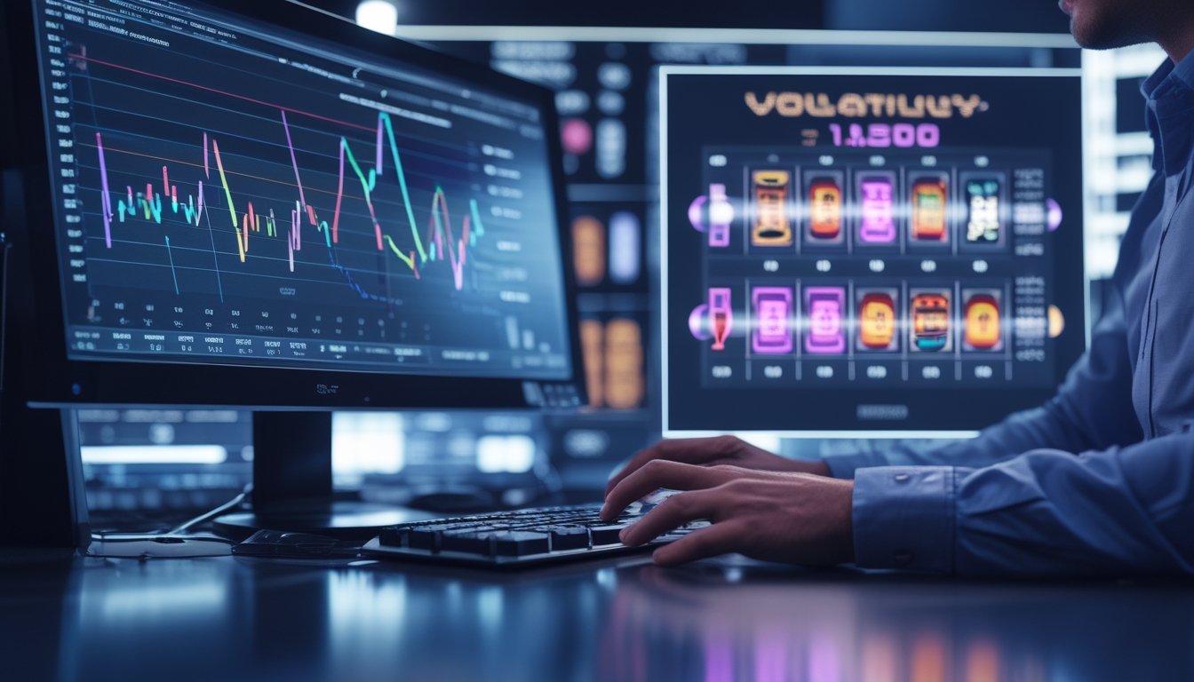 Seorang analis meninjau grafik volatilitas dan simulasi permainan slot pada beberapa layar komputer.