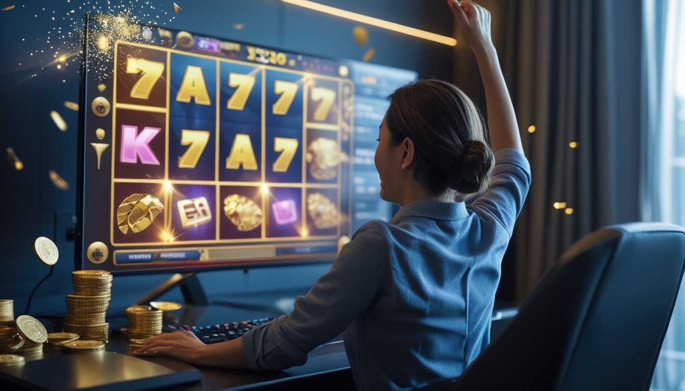 Seorang pemain merayakan kemenangan besar di depan layar permainan slot modern dengan efek cahaya dan koin emas.