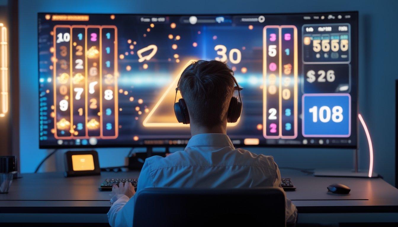 Seseorang mengamati layar komputer dengan tampilan permainan slot digital yang bercahaya dan efek visual kemenangan.
