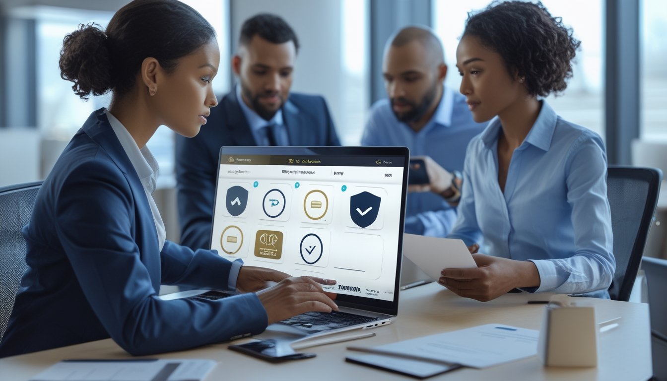 Sekelompok profesional membandingkan platform digital terverifikasi di kantor modern.