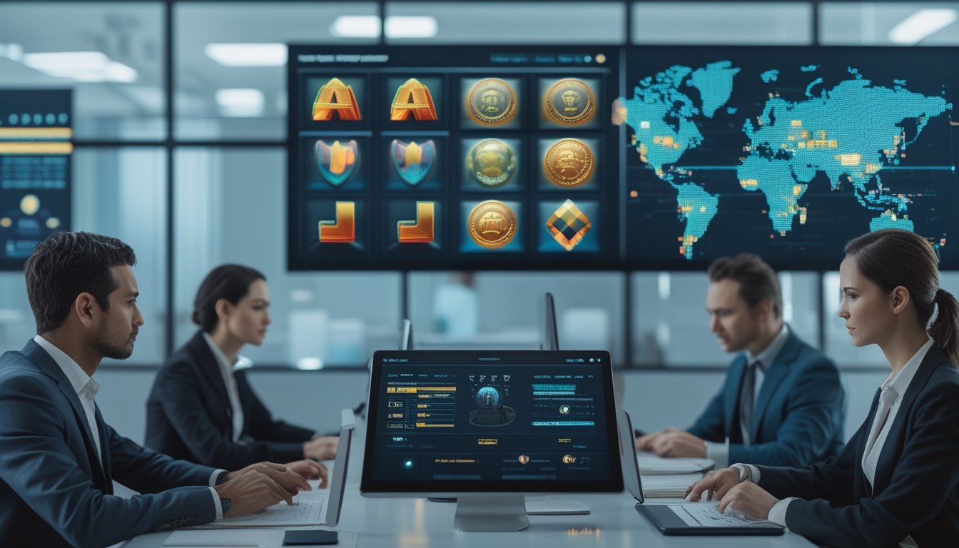 Profesional meninjau keamanan dan kepatuhan platform permainan digital dengan tampilan simbol global dan perlindungan data.