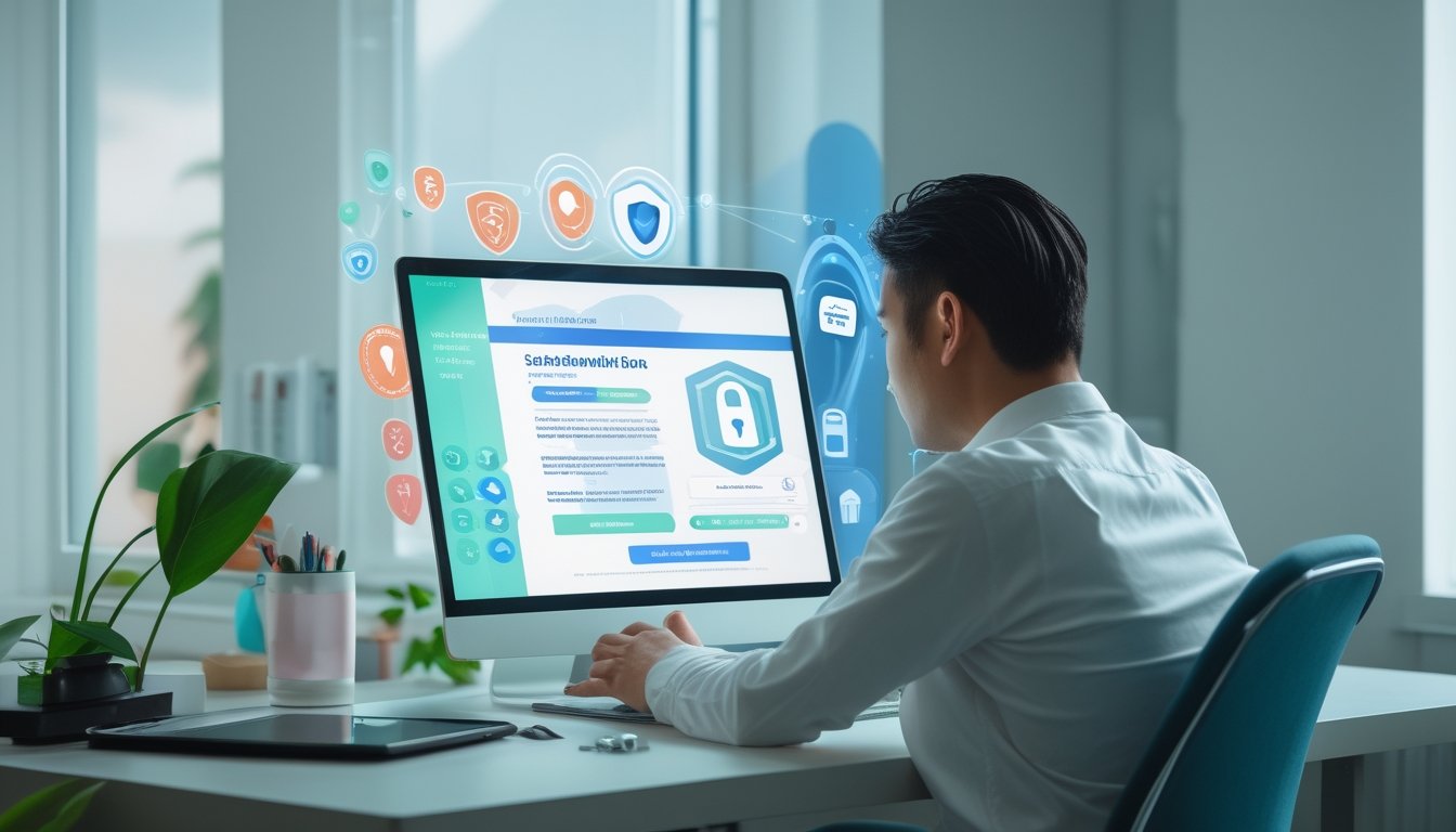 Seseorang memeriksa keamanan platform permainan daring di meja kerja dengan laptop dan simbol gembok.