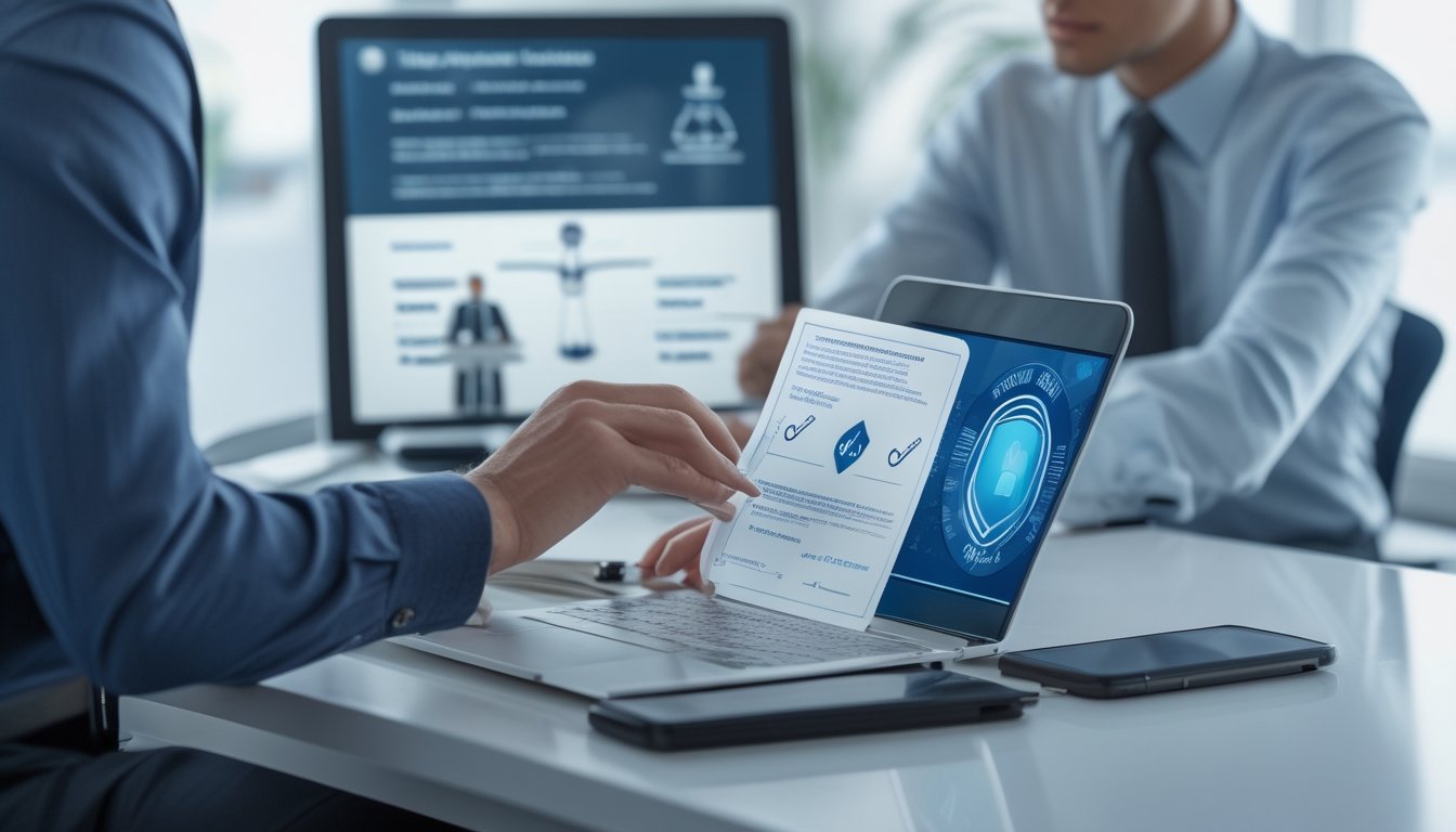 Seorang profesional memeriksa dokumen verifikasi dan simbol keamanan saat menilai platform online.