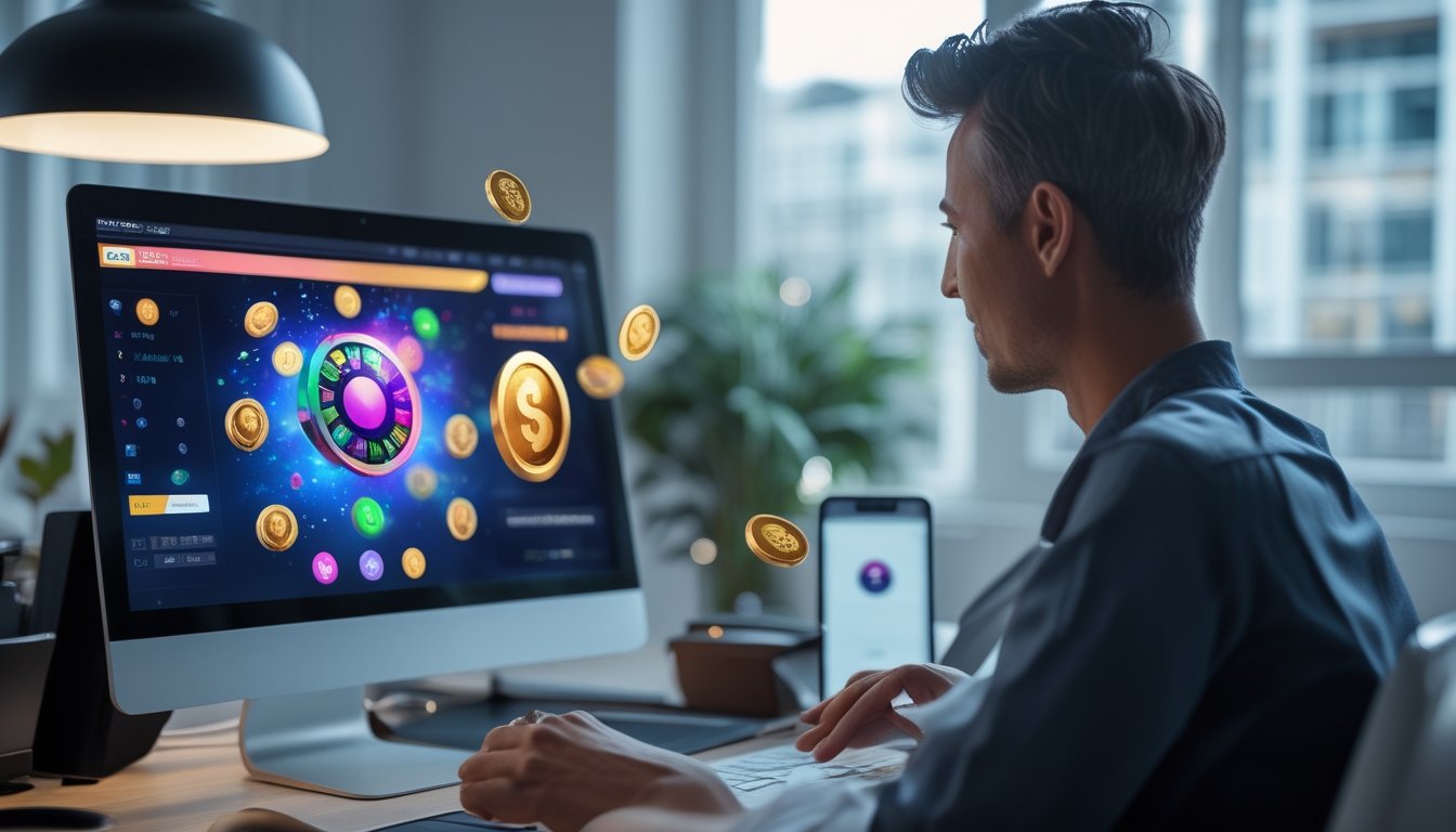 Orang dewasa memeriksa promosi permainan slot digital di laptop dan ponsel dengan hiasan koin emas.