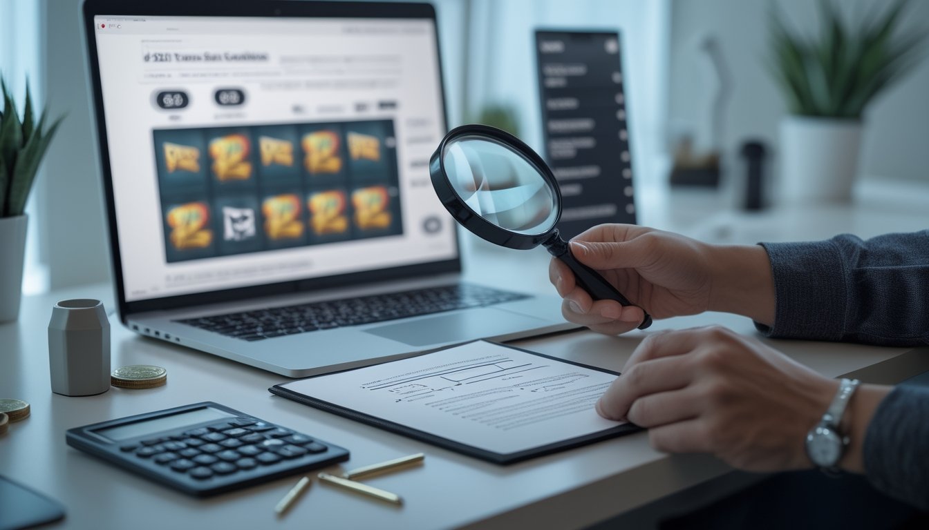 Seseorang memeriksa persyaratan promosi online menggunakan kaca pembesar di samping laptop, ponsel, daftar periksa, dan kalkulator.