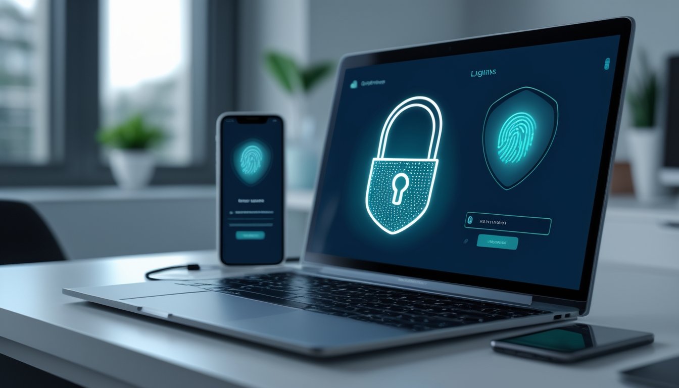 Laptop dan ponsel menampilkan antarmuka login abstrak dengan ikon perisai dan gembok sebagai simbol keamanan akses.