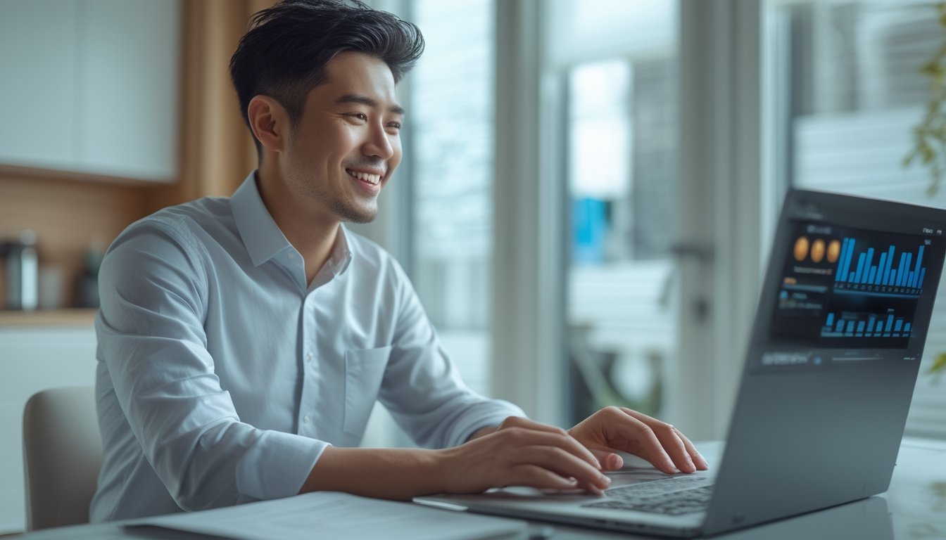 Seorang pria tersenyum melihat laptop di ruang kerja modern.