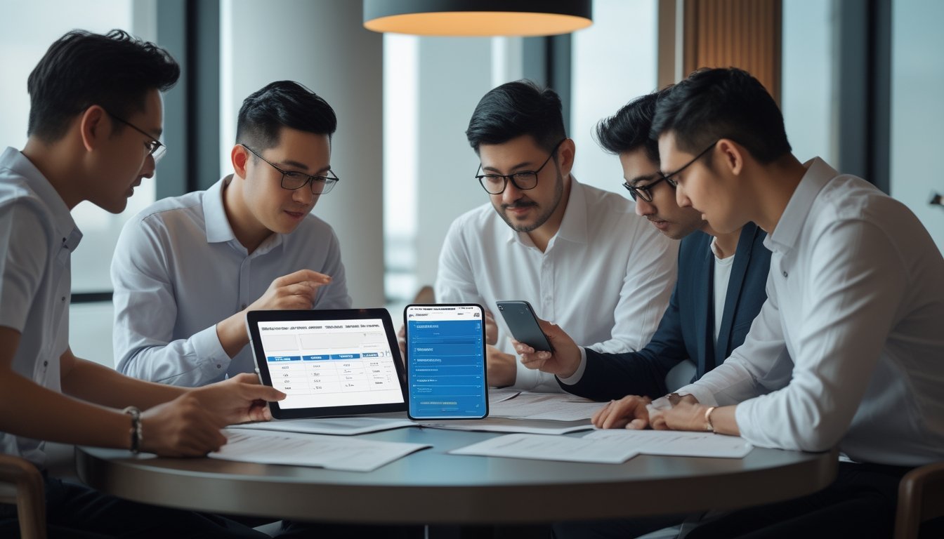 Sekelompok pemain dewasa memeriksa bukti testimoni dan data kemenangan di perangkat digital dalam suasana profesional.