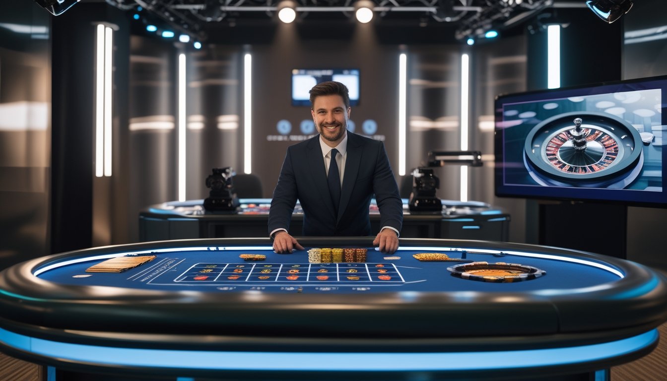Dealer memandu permainan kasino langsung di studio siaran modern dengan meja roulette, kartu, dan chip kasino.