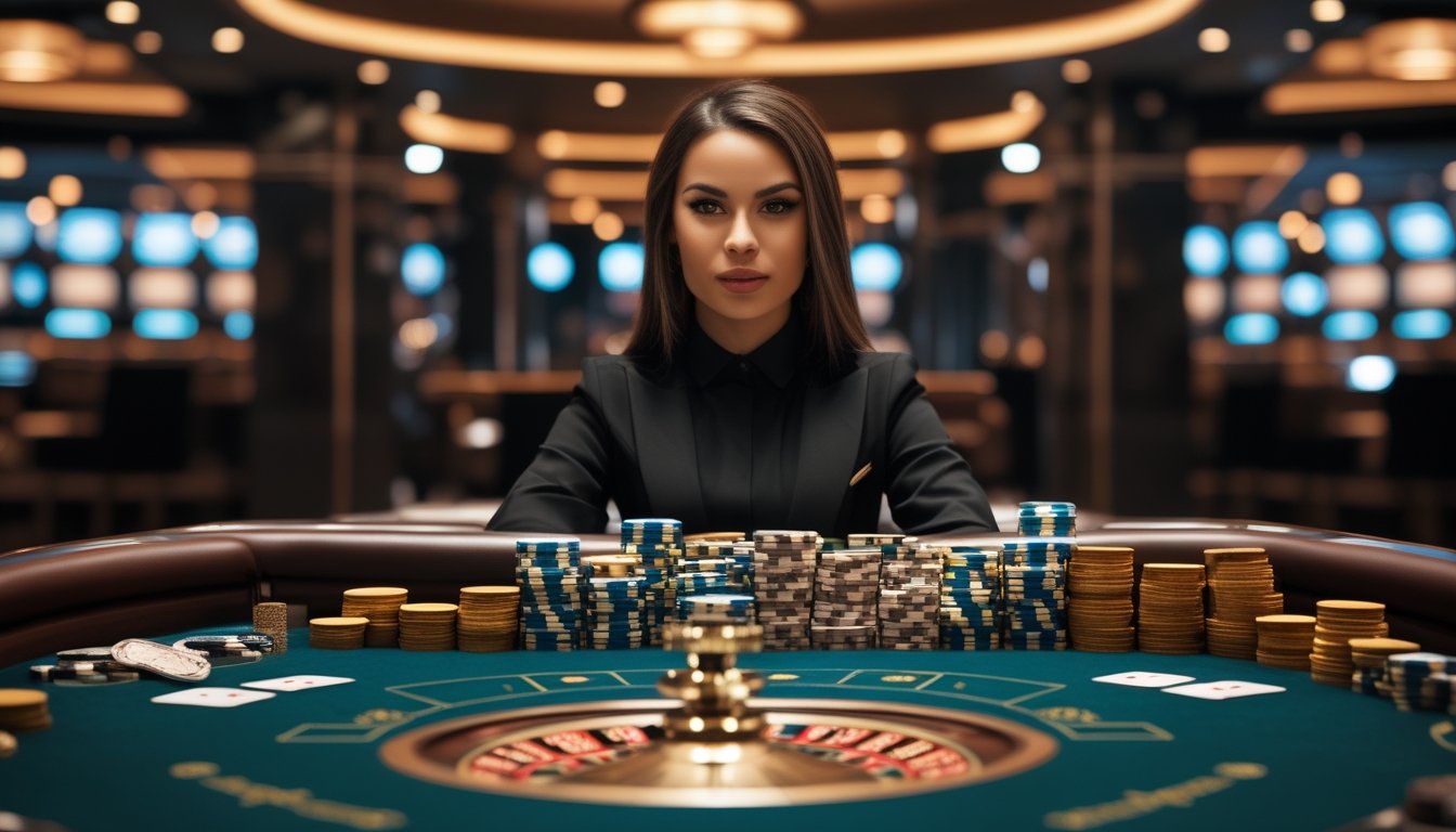 Dealer kasino profesional berdiri di belakang meja permainan dengan roda roulette, kartu, keping kasino, dan koin emas.