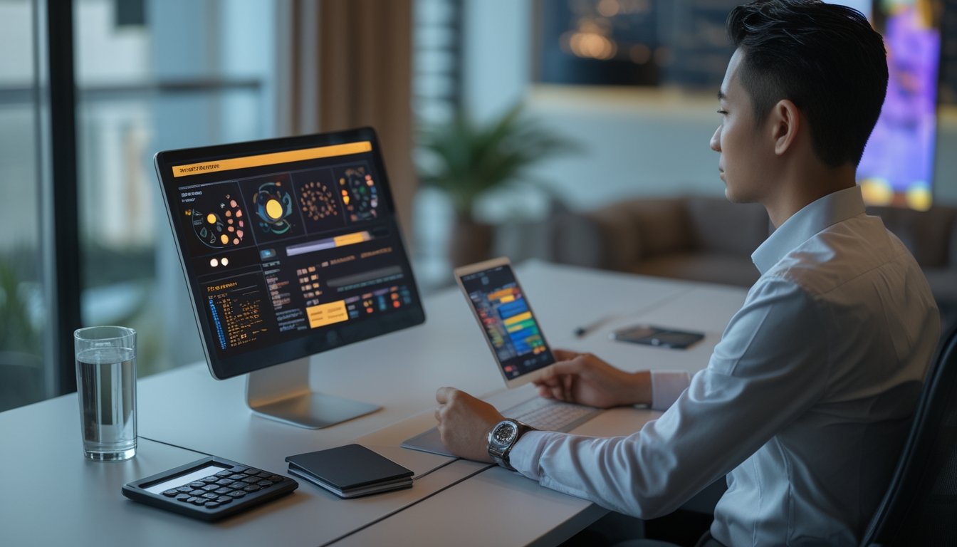 Seseorang meninjau analisis permainan digital dan anggaran di meja kerja modern.