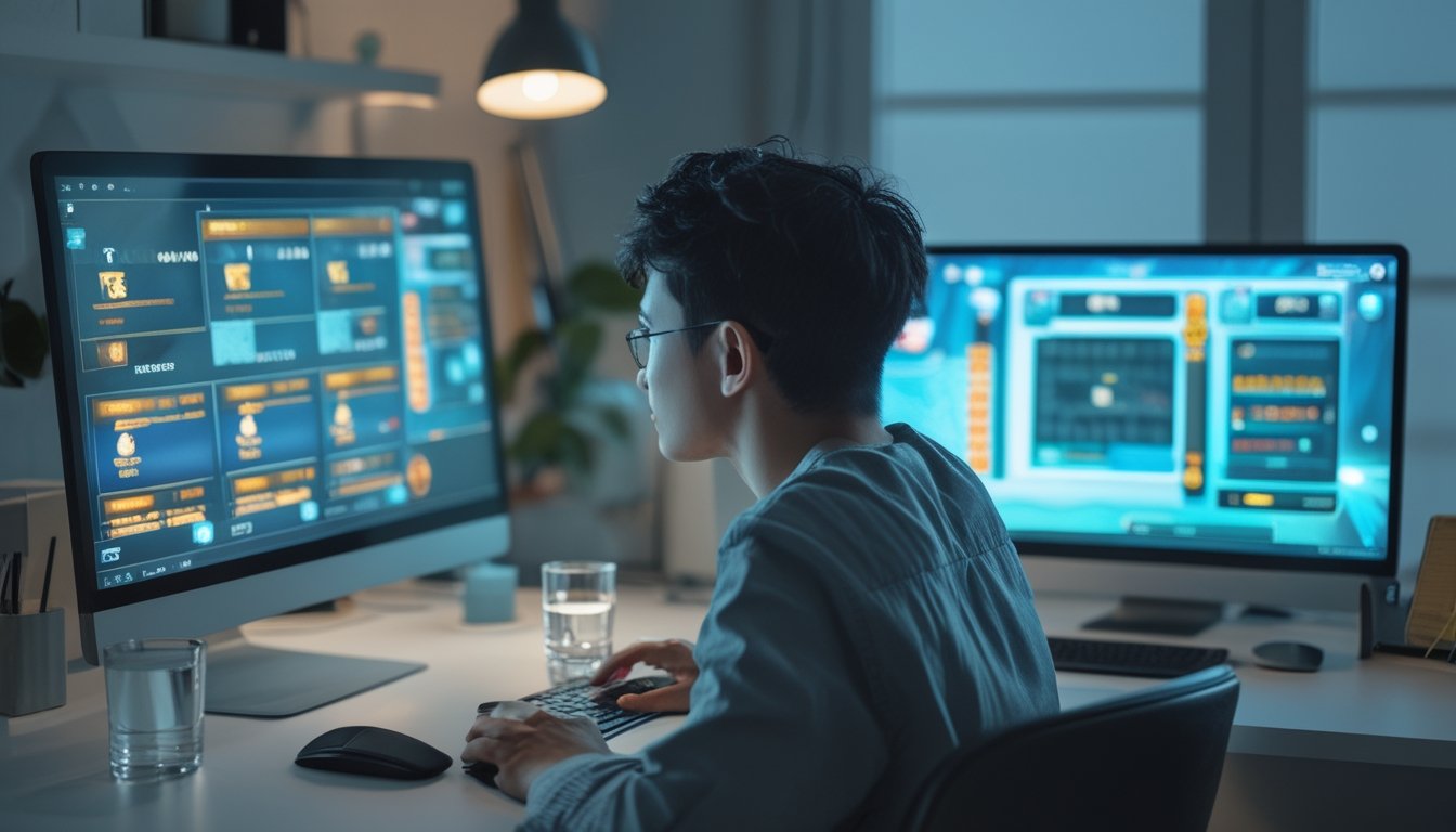 Seorang pemain duduk tenang di depan perangkat digital dengan suasana ruang kerja yang rapi.