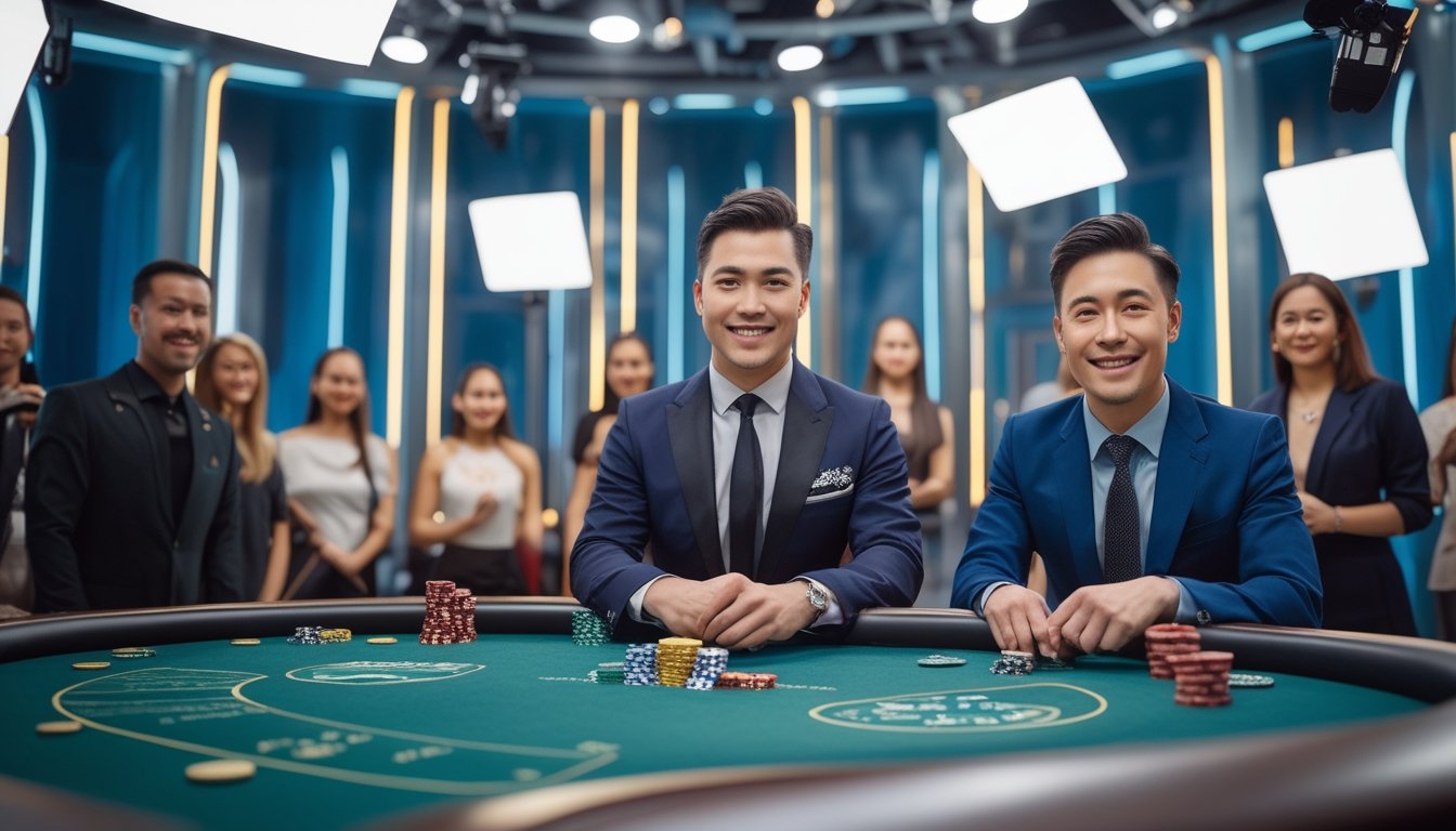 Presenter dan dealer berada di meja kasino live modern dengan kamera studio dan layar peserta di latar belakang.
