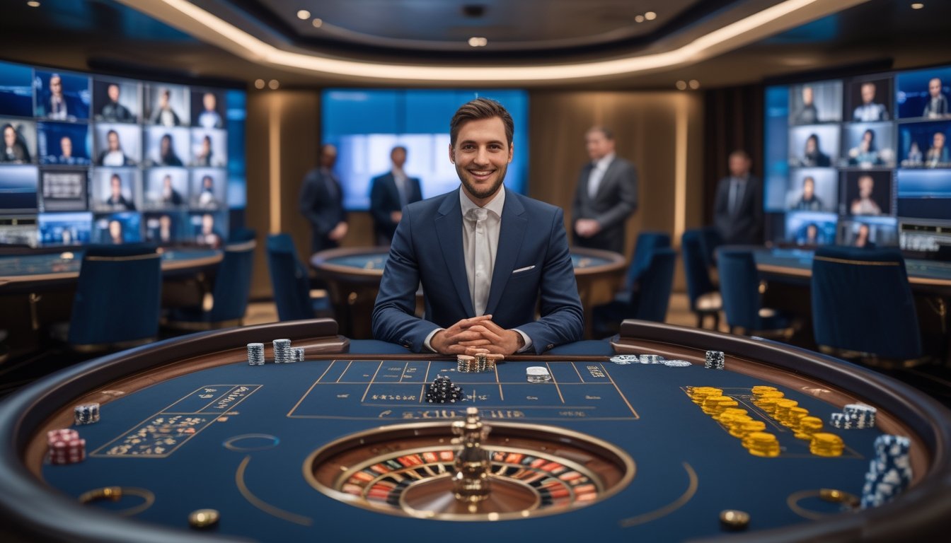 Dealer kasino berinteraksi dengan pemain melalui layar di studio permainan modern.