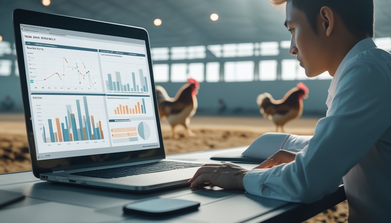 Seorang analis mempelajari grafik statistik di laptop dengan latar arena ayam yang dibuat samar.