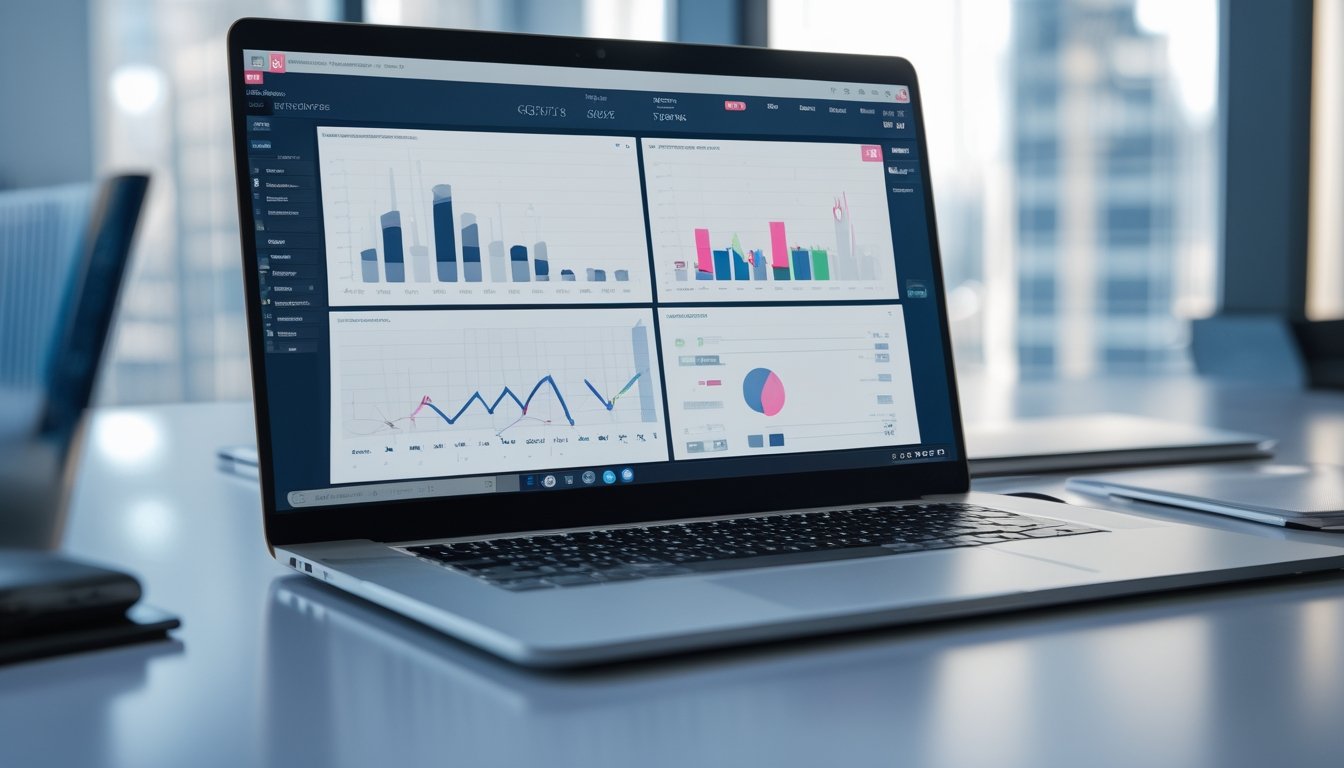 Analis meninjau grafik dan metrik pertandingan pada laptop di meja kerja modern.