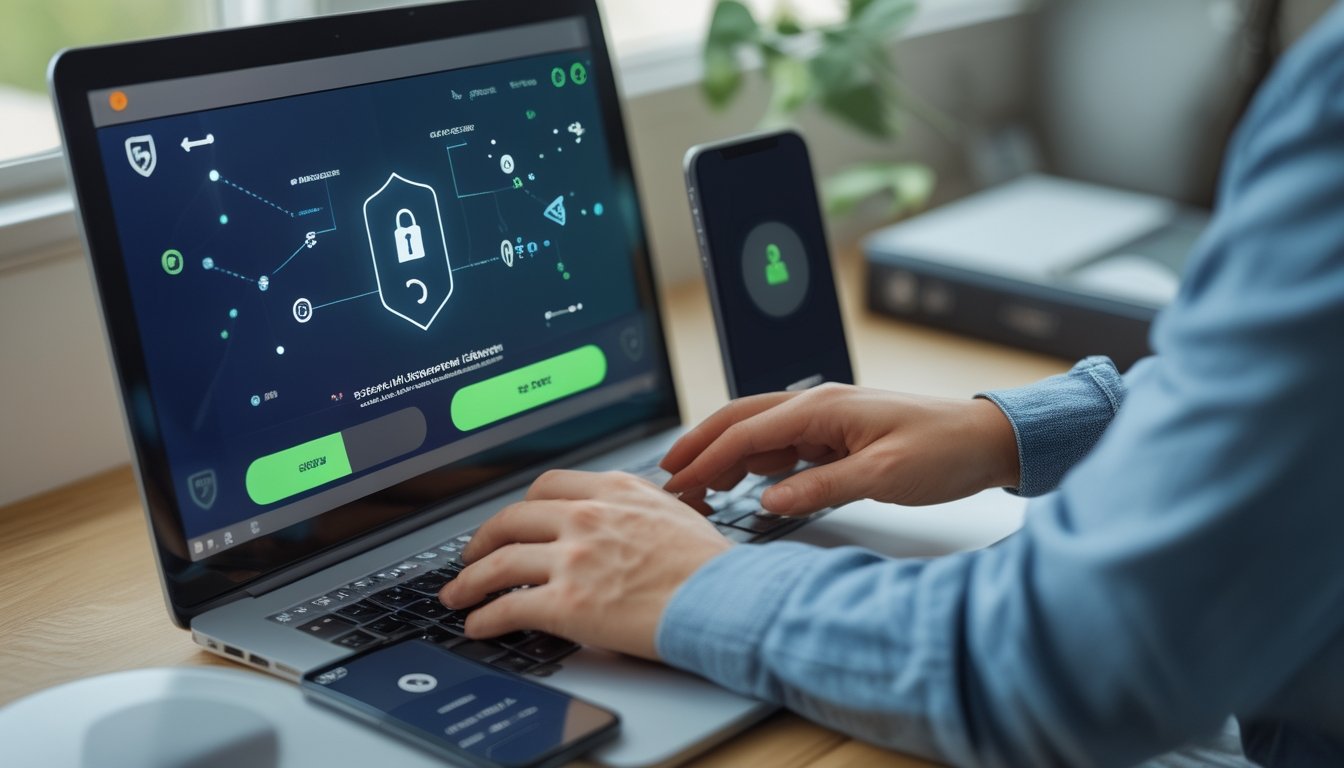 Seseorang menyelesaikan transaksi pembayaran digital dengan laptop dan ponsel di meja kerja.